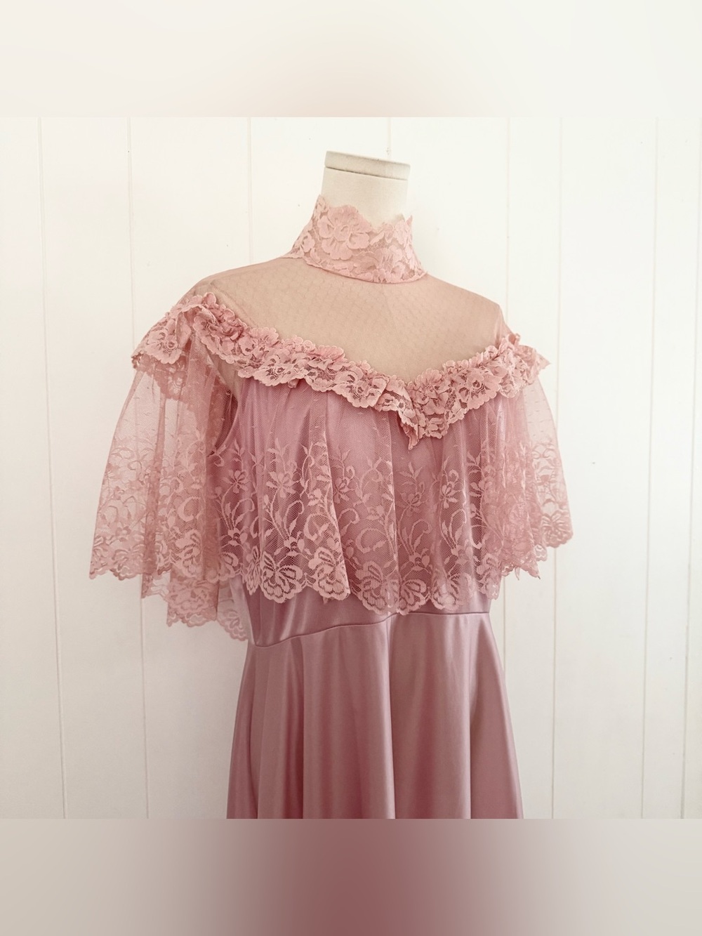 Vintage 80s JC Penney Lace Prom Maxi Dress Light Pink Modern 10/12 Prairie Gown - Picture 9 of 13